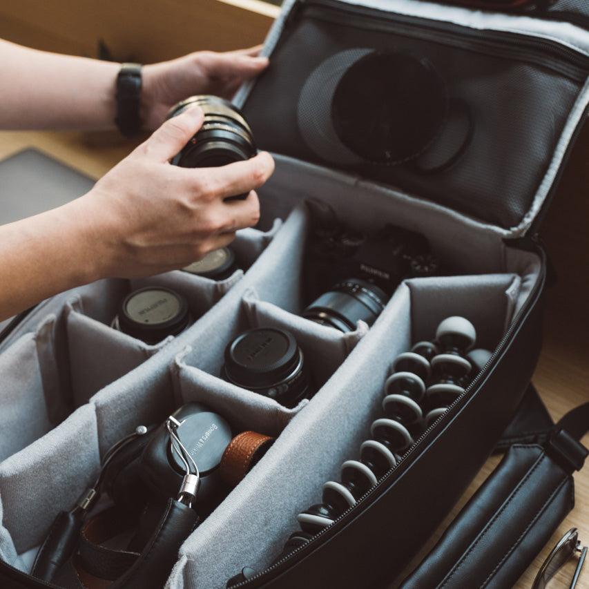 Camera gear inside No More Ugly Camera Backpack