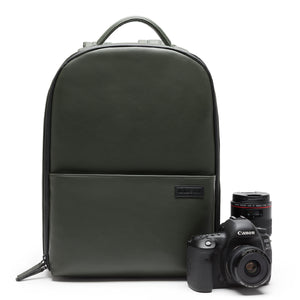 Stylish camera backpack green vegan leather