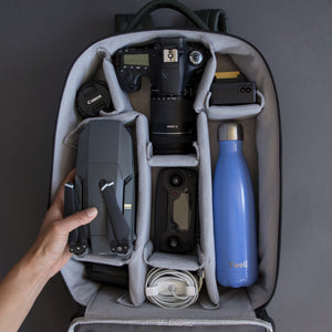 Camera backpack for DSLR and drone with removable compartments